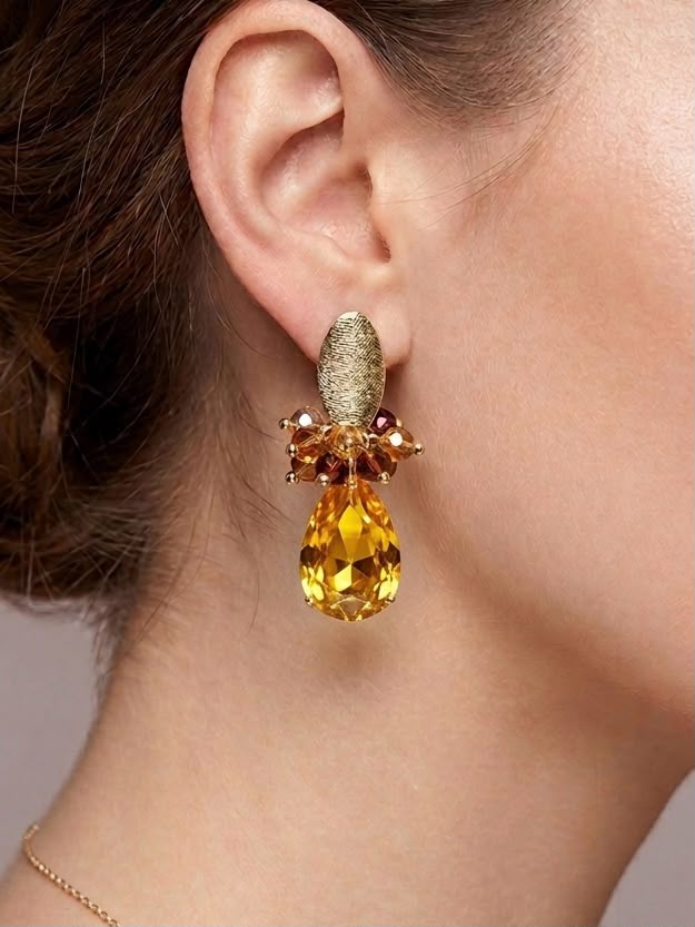 Aros Maxi Gota Cristal Ámbar y Racimo Enchape Oro