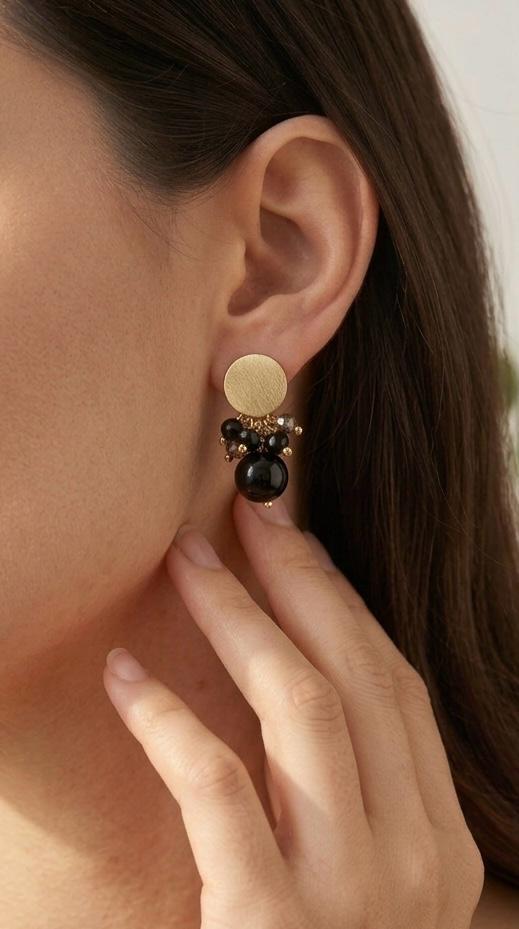 Aros Ónix negro y Cristales Enchape Oro