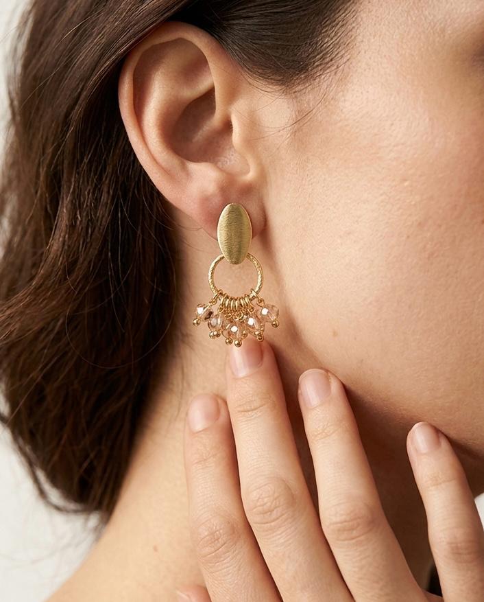 Aros Racimo Cristales Beige Enchape Oro