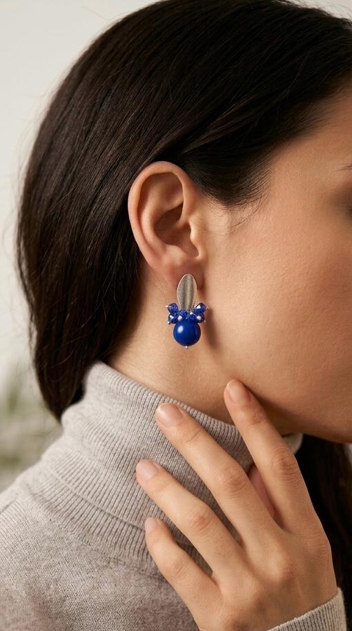 Aros Agata Azul y Racimo Cristales Enchape Plata