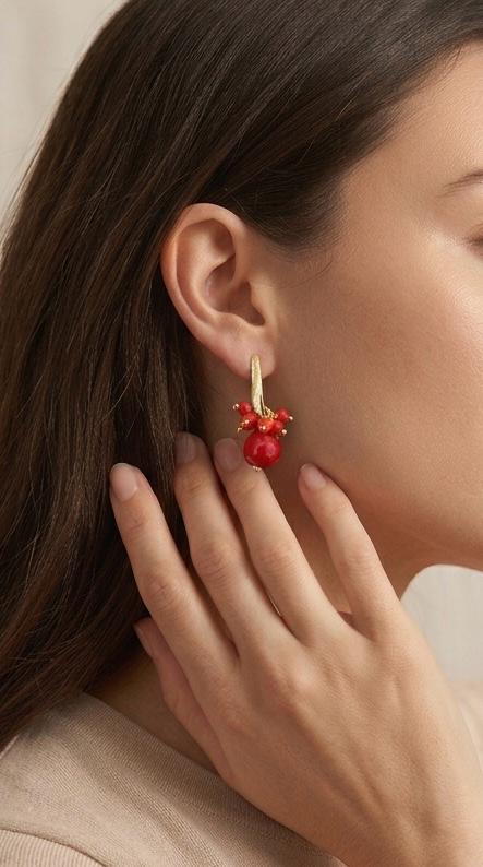 Aros Jade Rojo y Racimo Cristales Enchape Oro