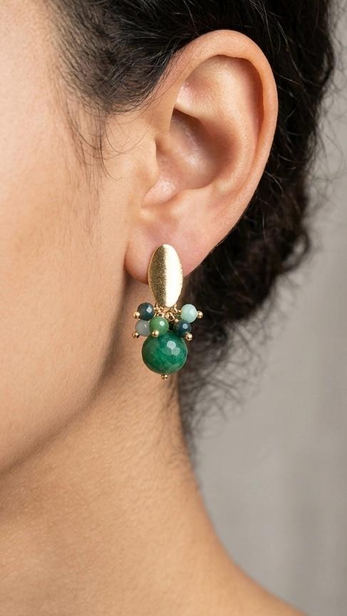 Aros Ágata Verde y Racimo Cristales Enchape Oro