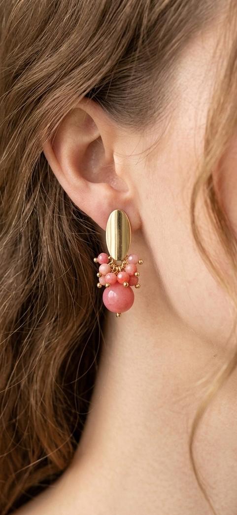 Aros Ágata  Rosa y Racimo Cristales Enchape Oro
