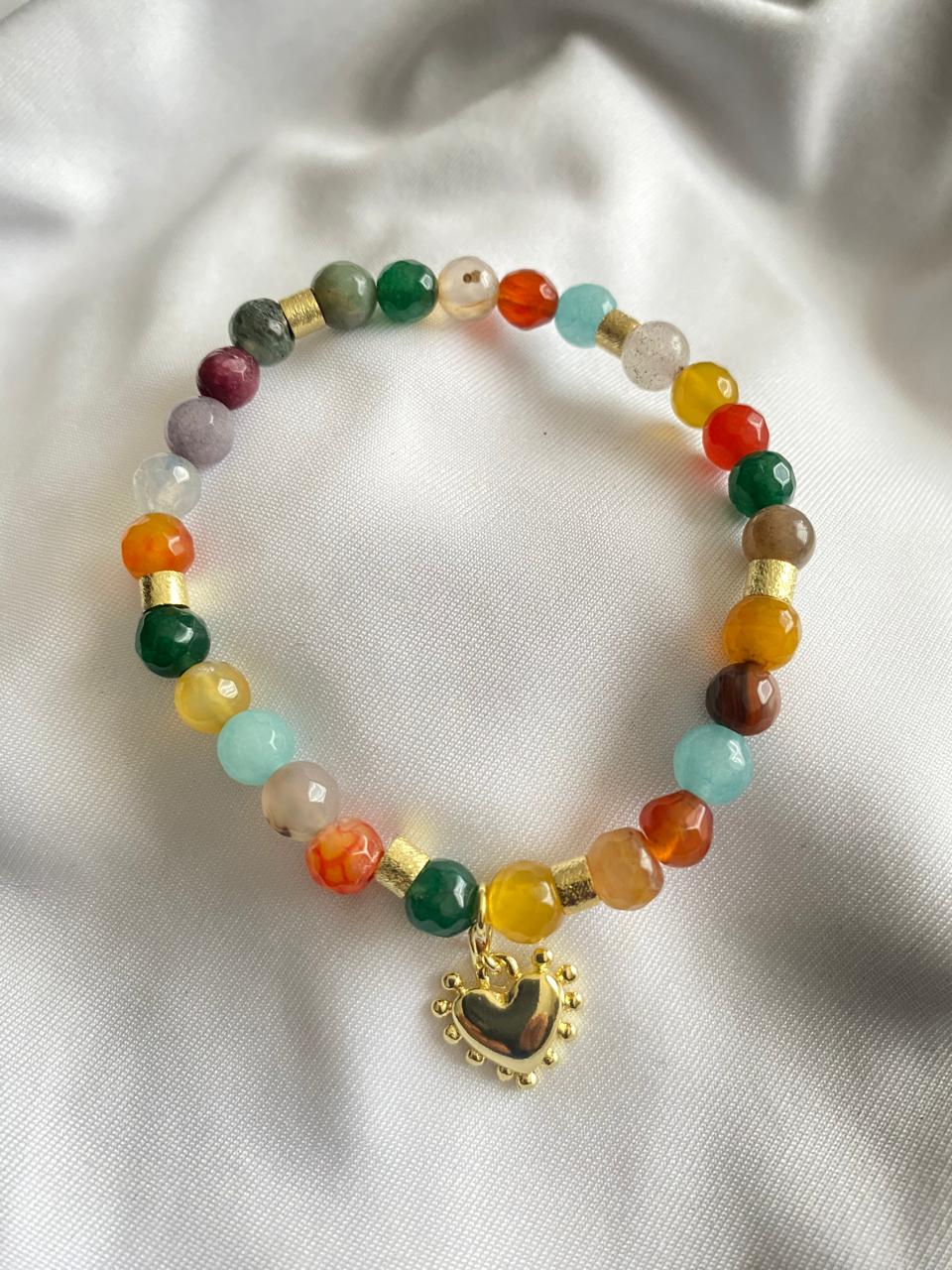 Pulsera Ágatas de Colores y Corazón Enchape Oro