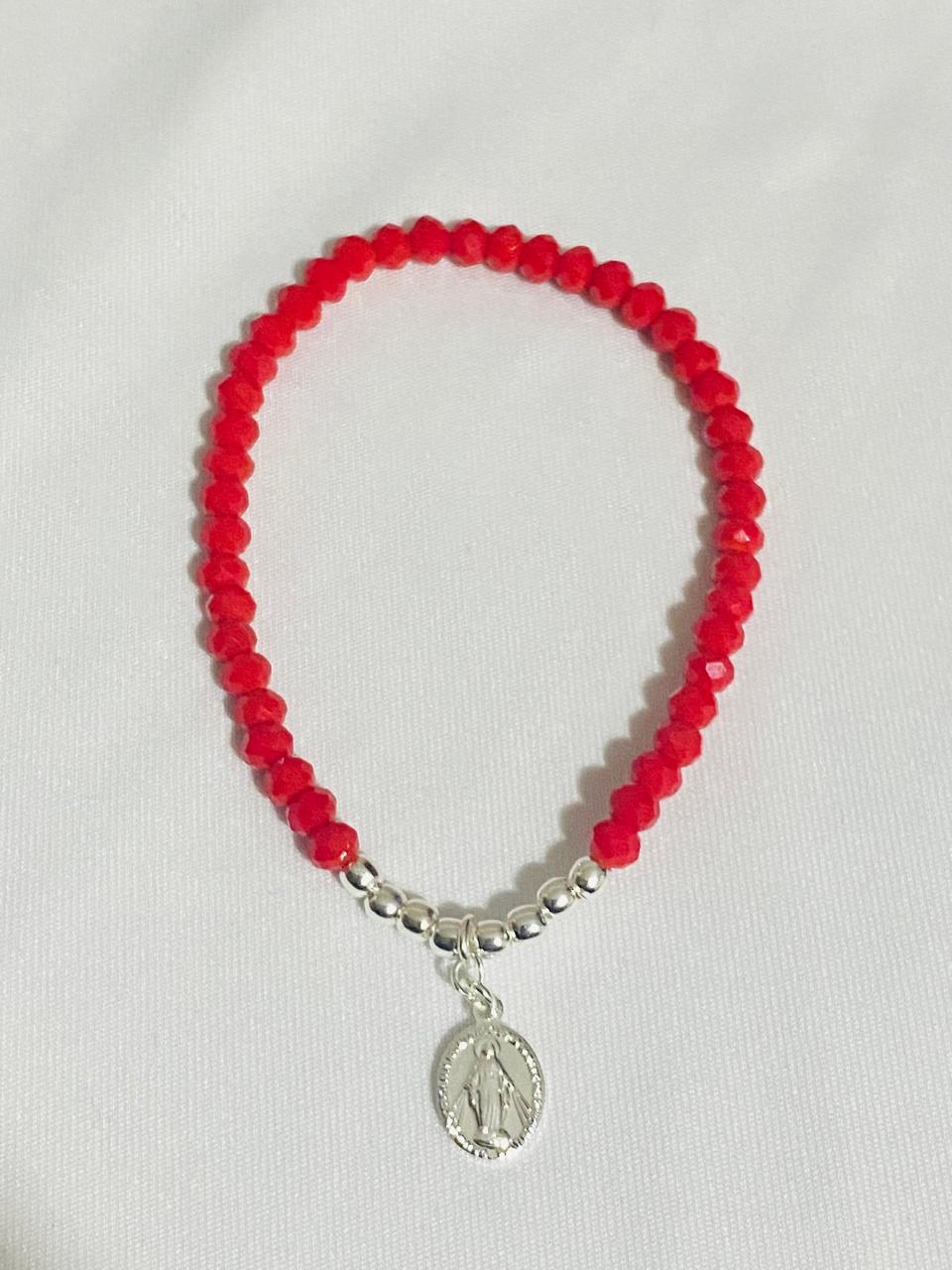 Pulsera Cristales Rojos y Virgen Enchape Plata