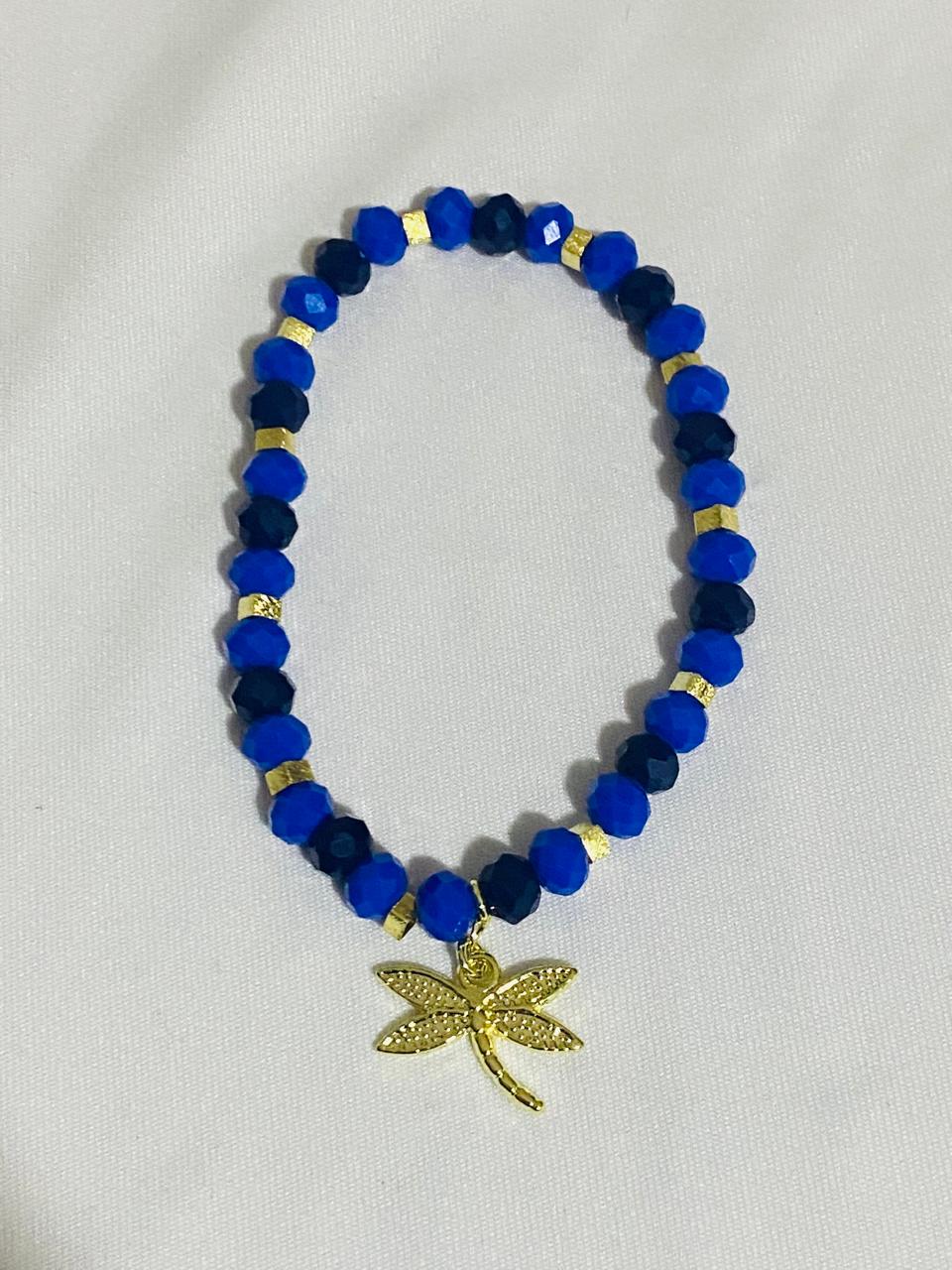 Pulsera Cristales Azules y Dije Libélula Enchape Oro