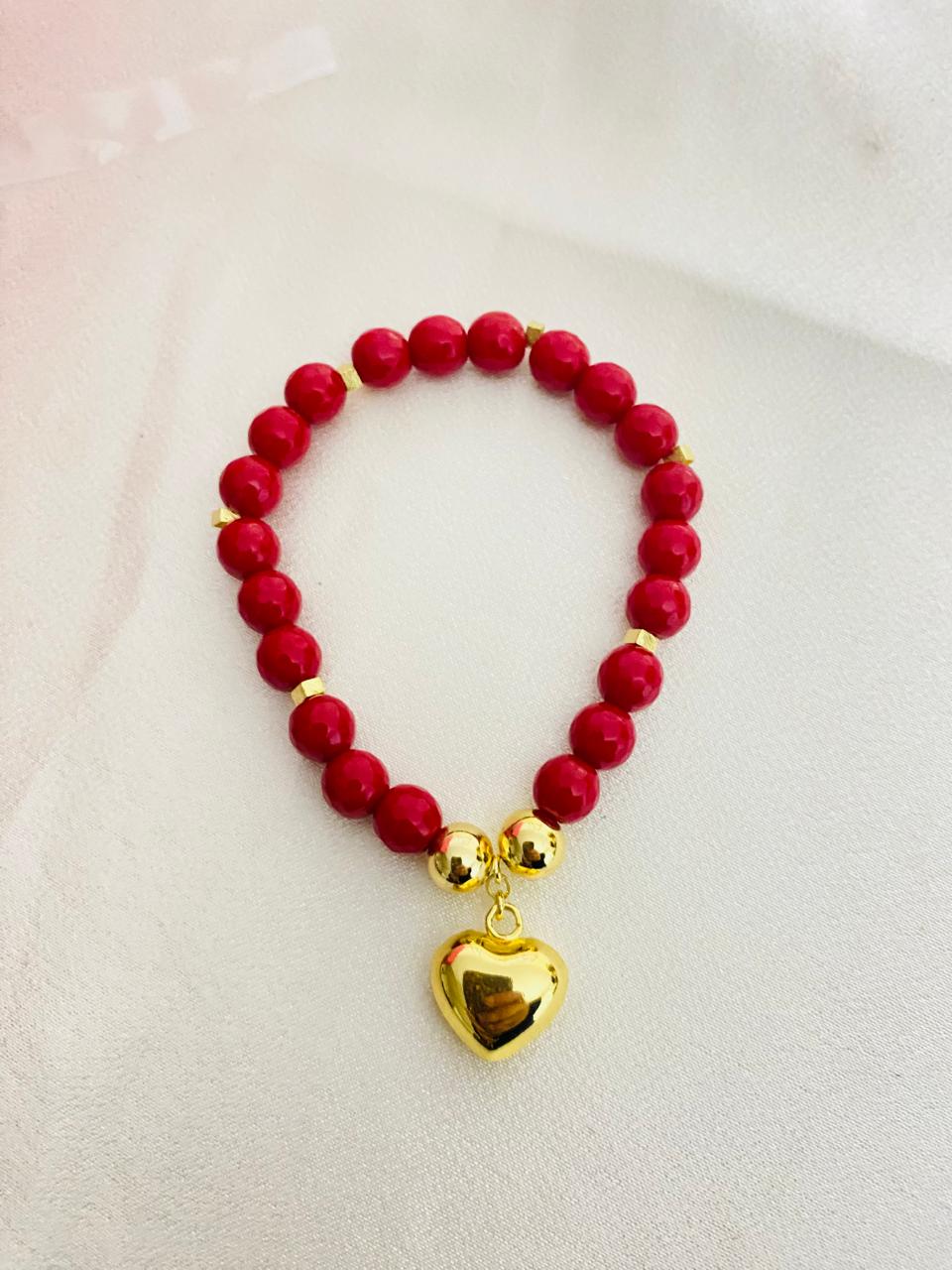 Pulsera Jade Rojo y Corazón Inflado