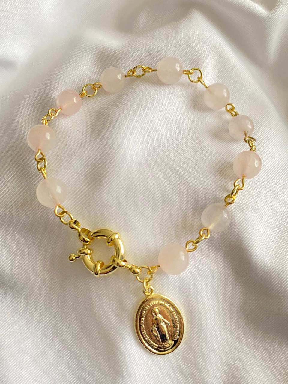 Pulsera Cuarzo Rosa y Dije Virgen