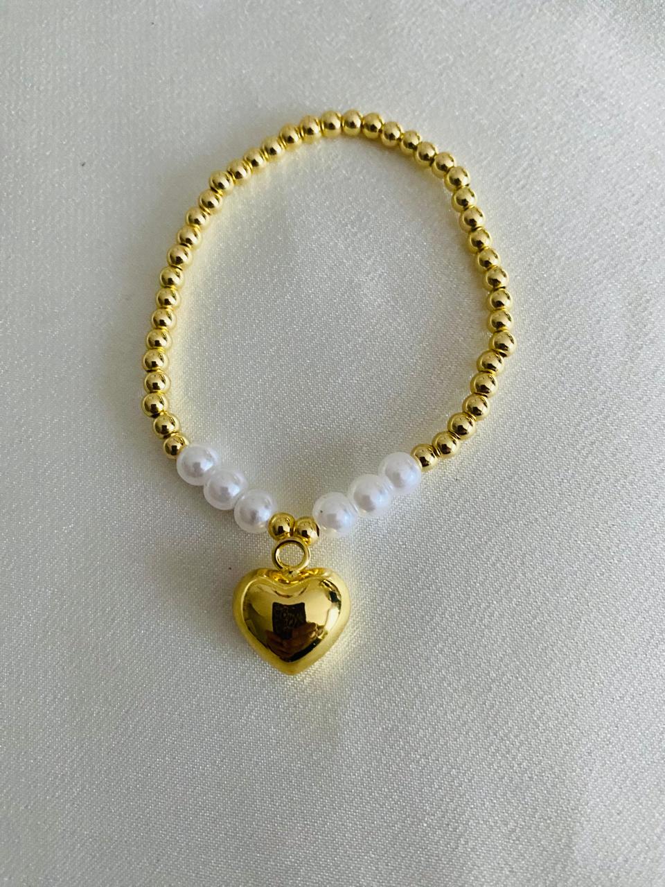 Pulsera Balines Perla Shell y Corazón Inflado