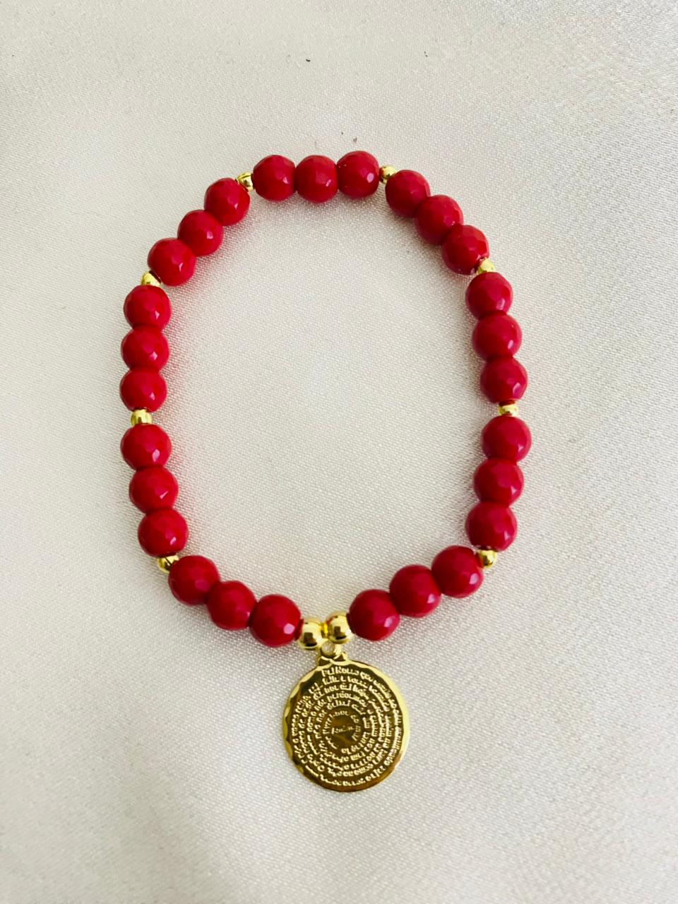 Pulsera Jade Rojo y Padre Nuestro Enchape Oro