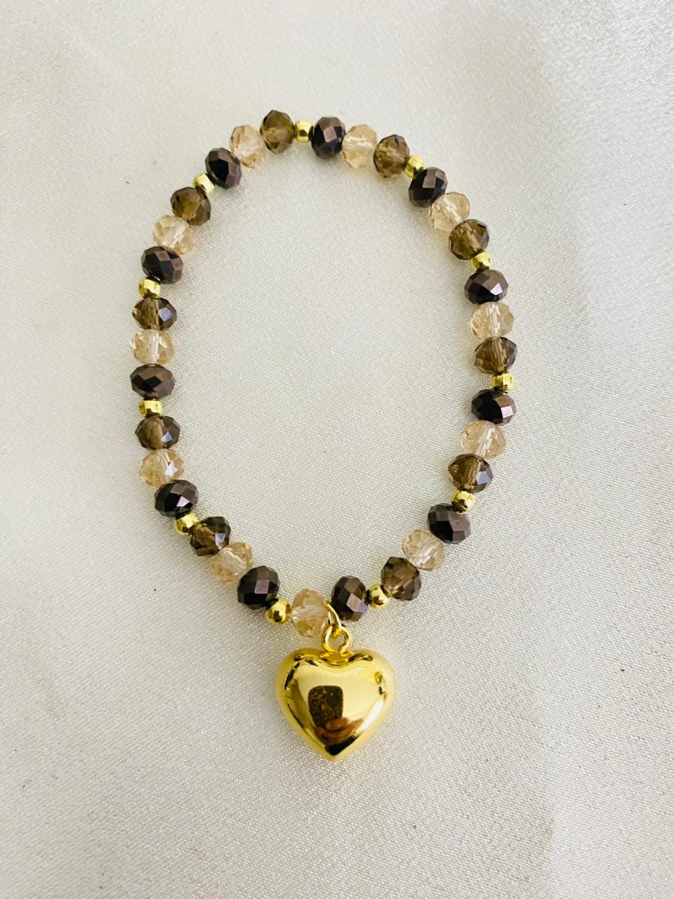 Pulsera Cristales Tonos Café y  Corazón Inflado Enchape Oro
