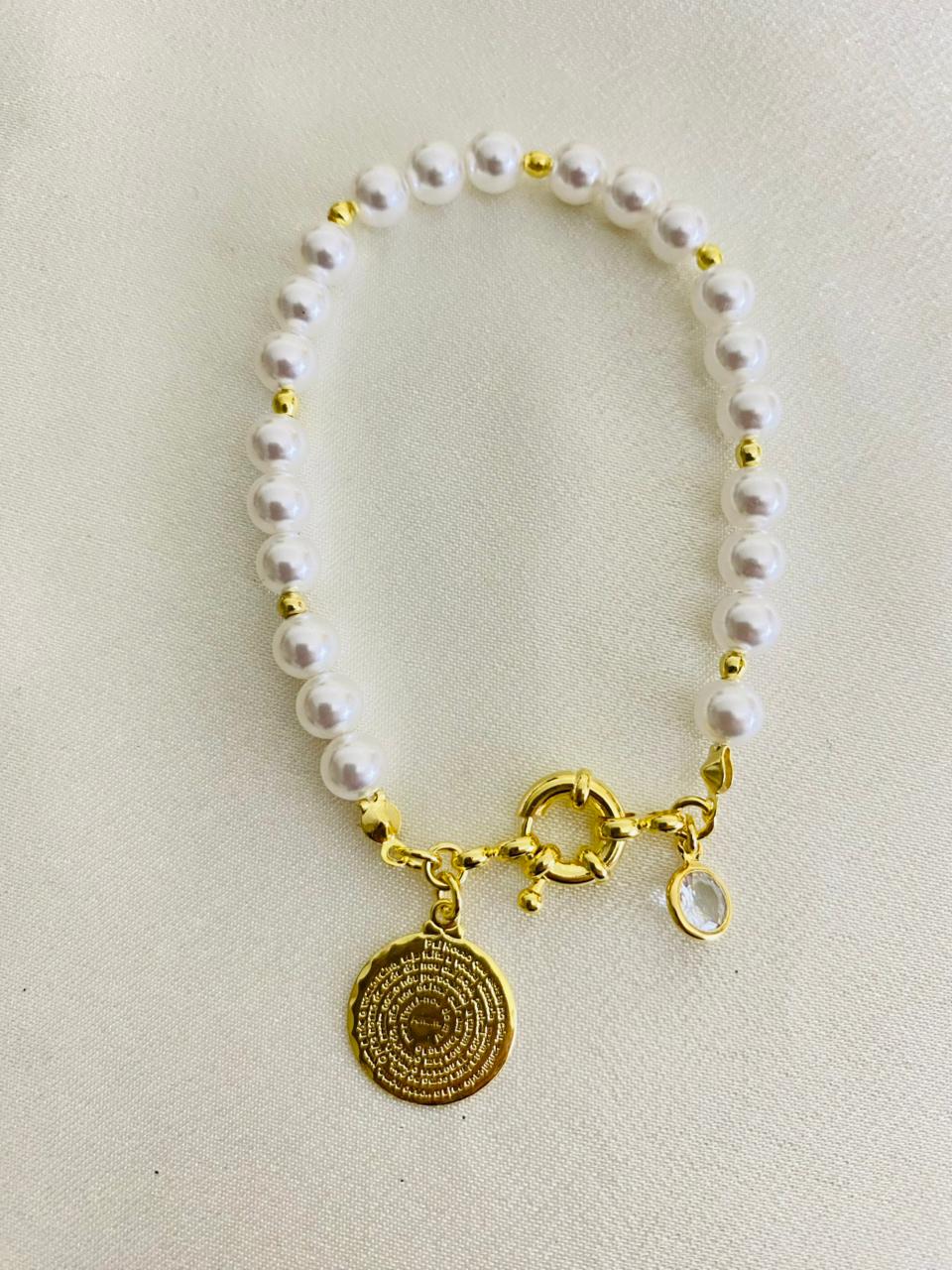 Pulsera Perla Shell Timón y Padre Nuestro Enchape Oro
