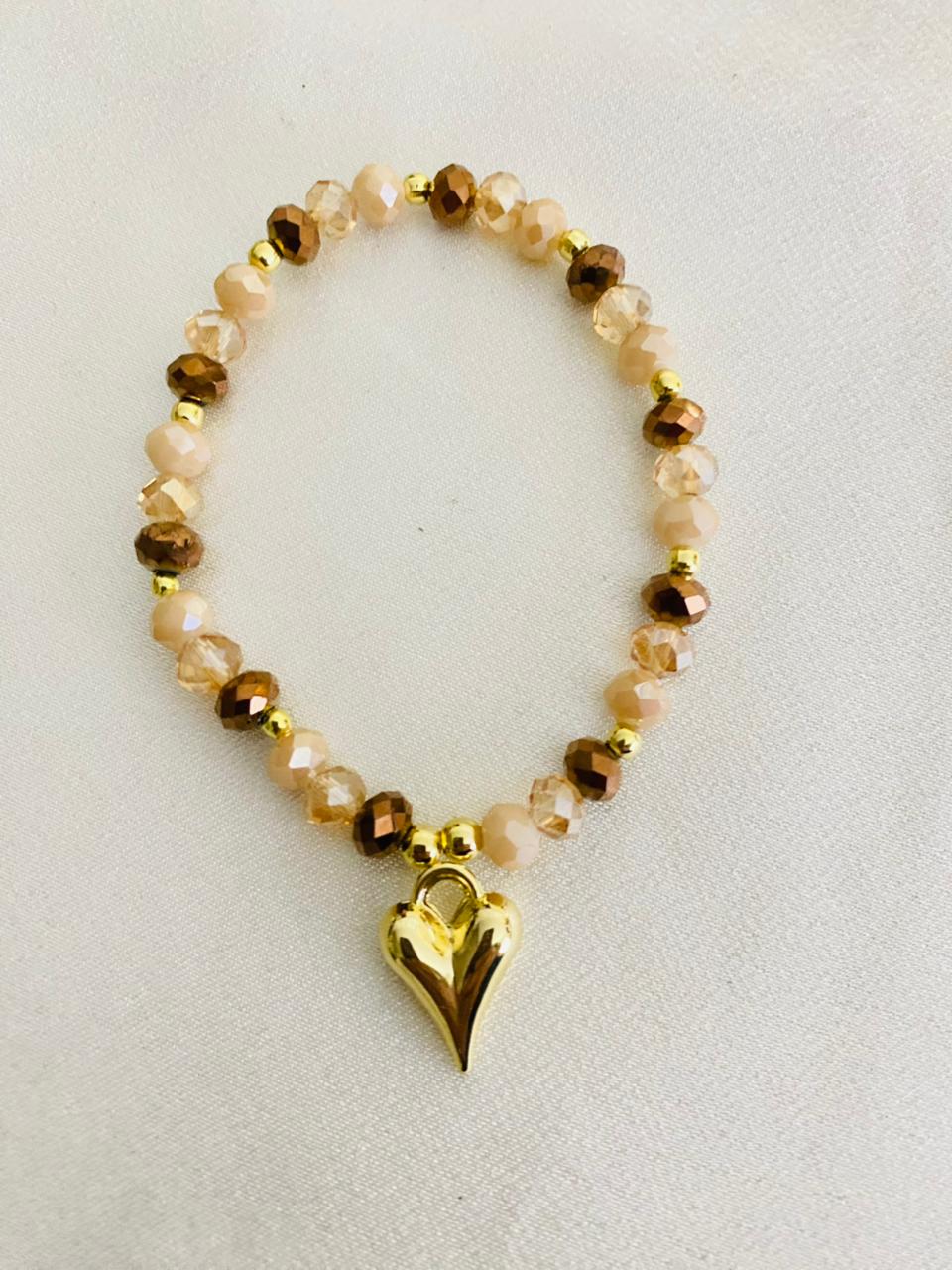 Pulsera Cristales Tonos Beige-Café y Corazón Inflado enchape Oro