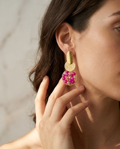 Aros Doble Base Cristales Fuccia Enchape Oro