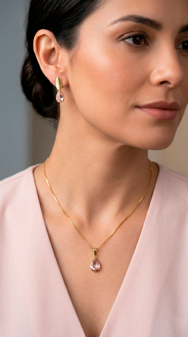 Conjunto Cristal Gota Rosado Enchape Oro