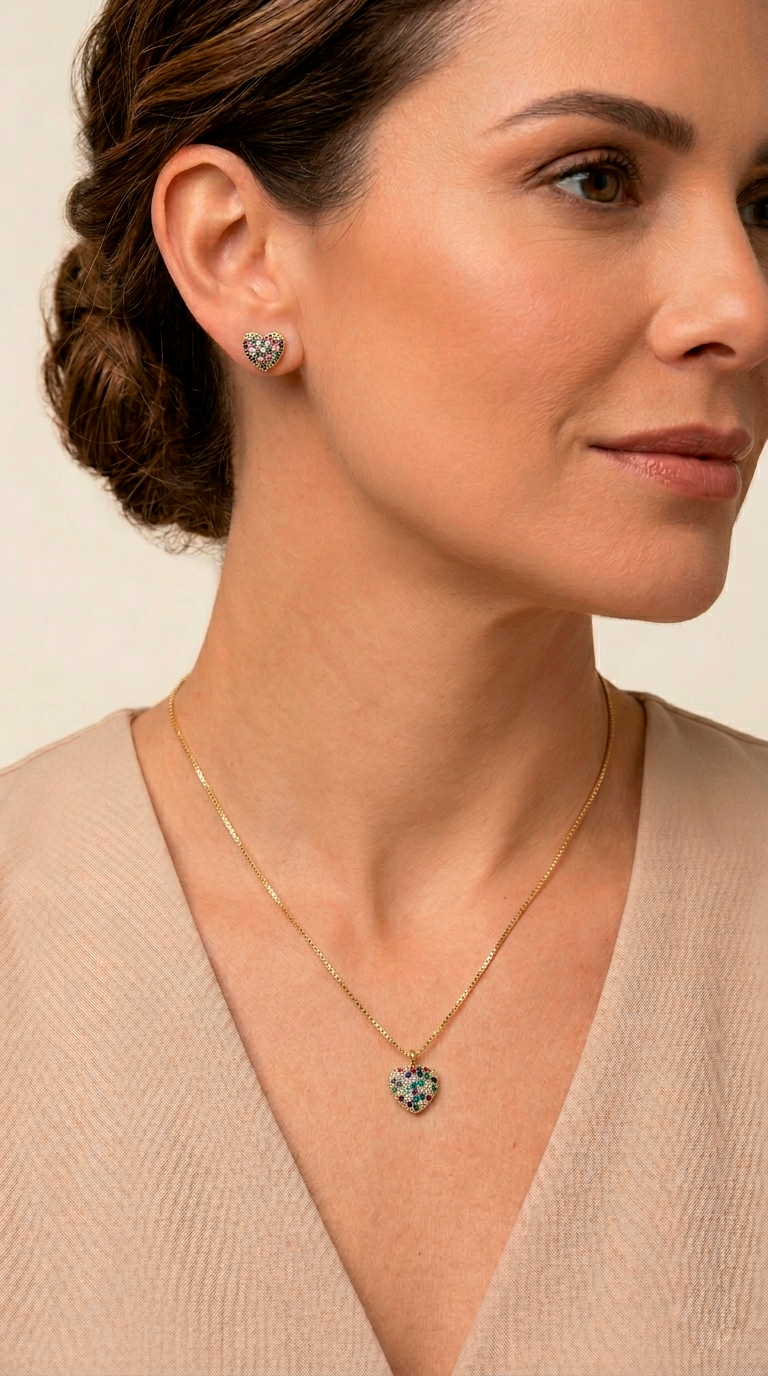 Conjunto Corazón Microcircones Colores - Enchape Oro