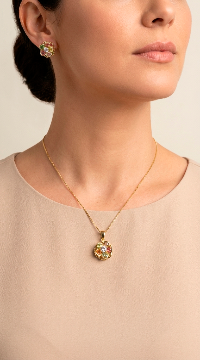 Conjunto Cristales Claros Flor - Enchape Oro
