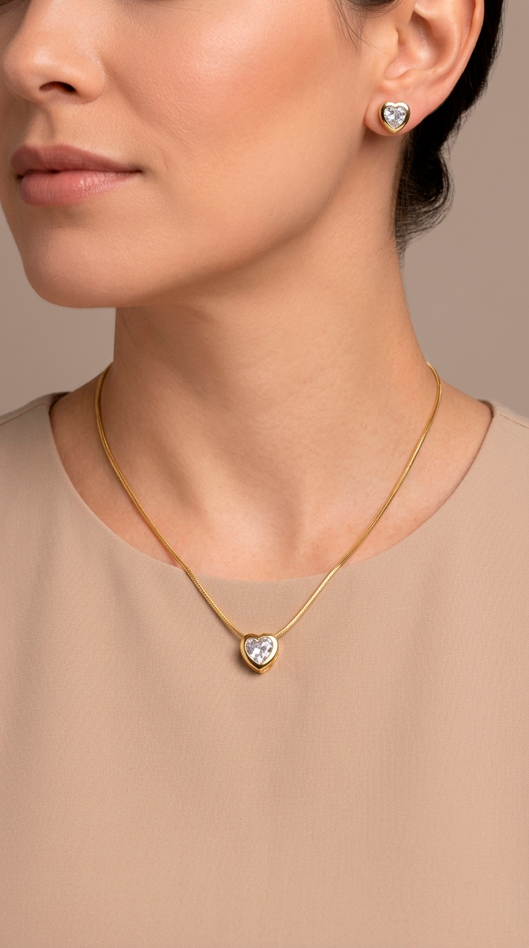 Conjunto Cristal Corazón - Enchape Oro