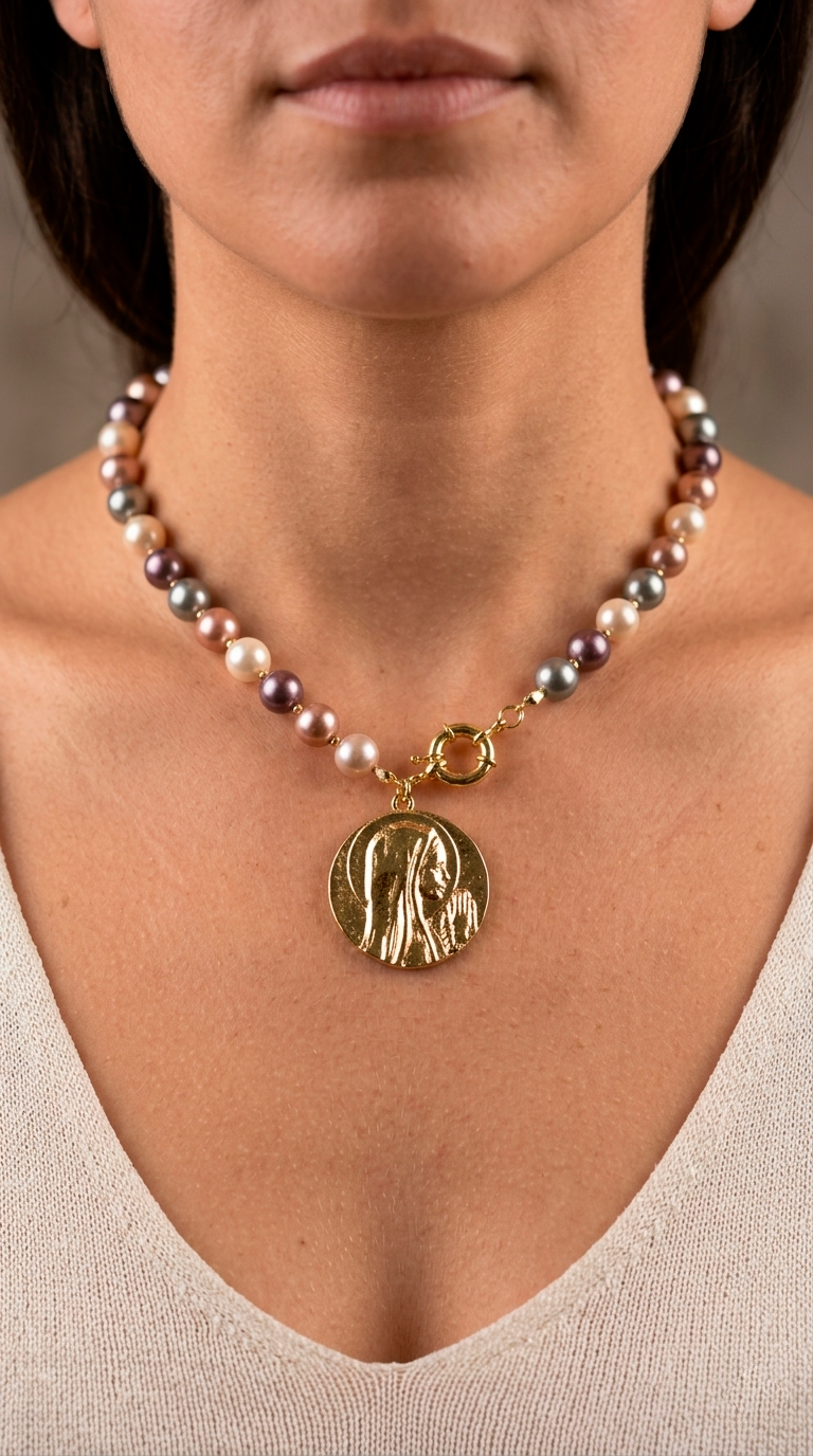 Collar Perlas Shell y Virgen Enchape Oro