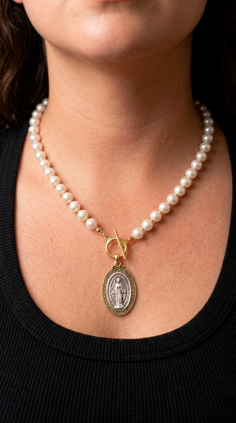 Collar de Perlas Shell y Virgen Peltre