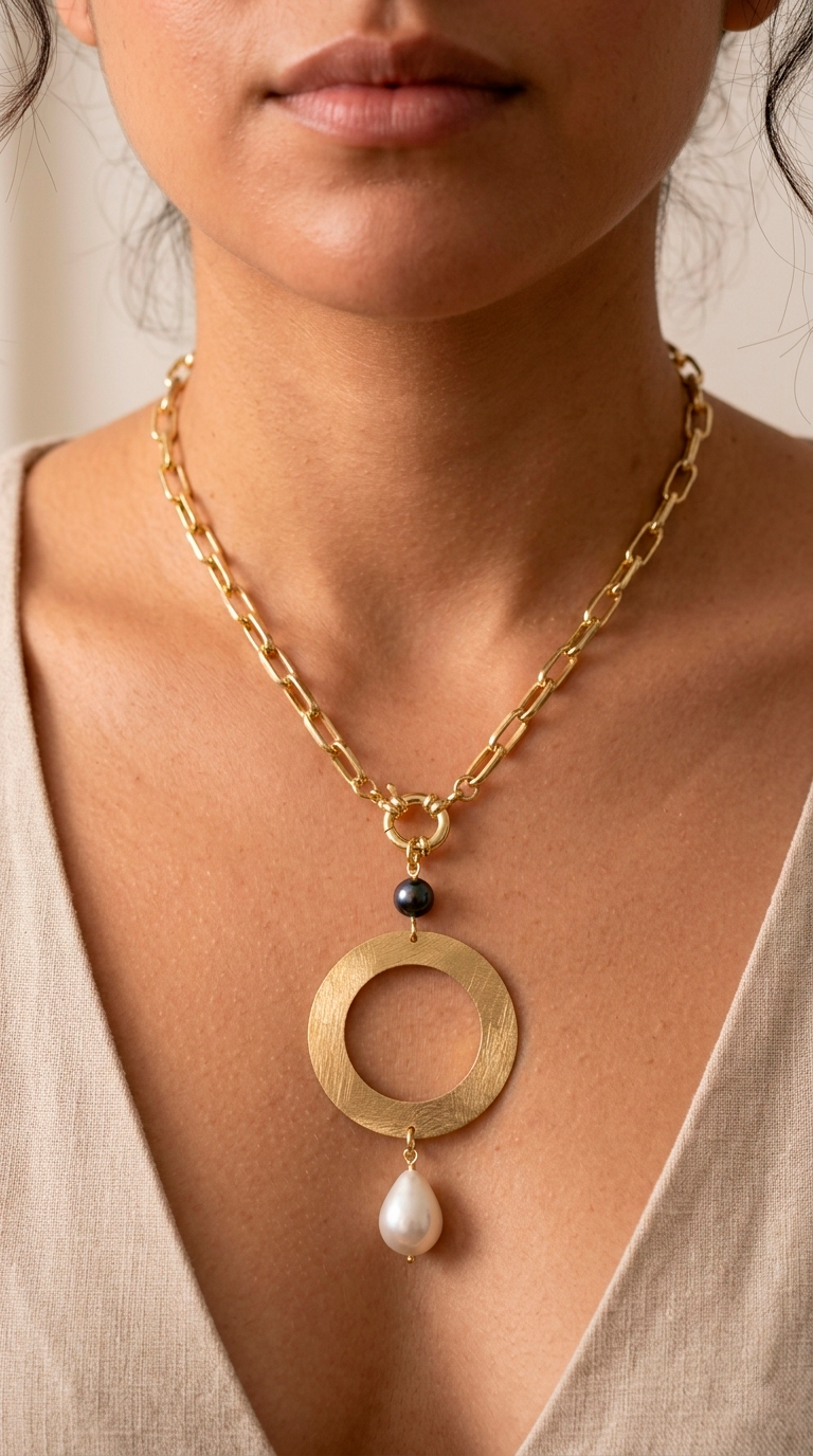 Collar Circulo y Gota Perla Shell
