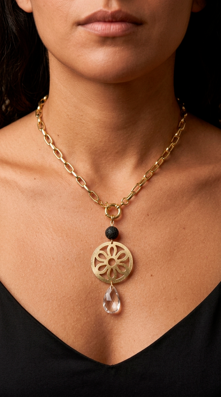 Collar Flor, Onix y Gota Cristal