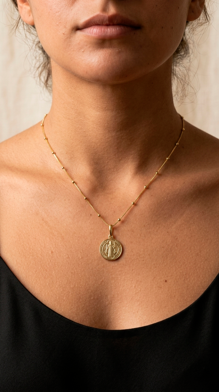 Collar Cadena Bolitas y San Benito Enchape Oro
